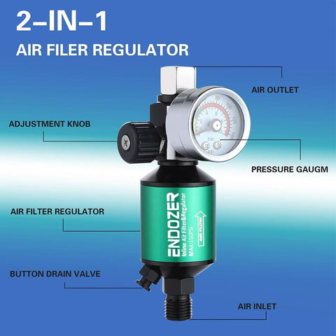 G1/4 Inch Inlet And Outlet Air Compressor Water Separator With Drain Valve And Pressure Regulator, labeled parts and green filter