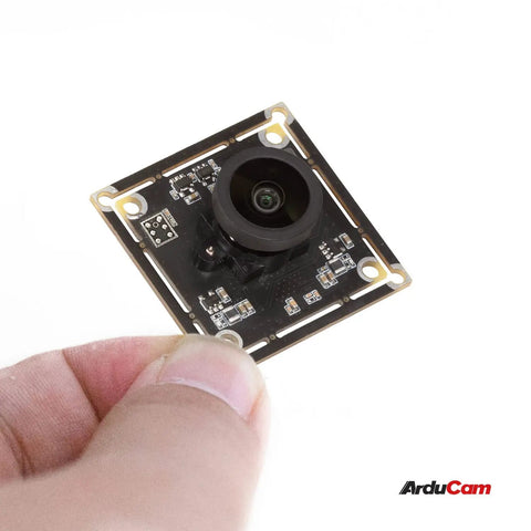 Hand holding 12MP USB Camera Module with 4K at 15fps Lightburn Ready, M12 Manual Focus Lens, wide 110 degree field of view, MJPG YUY2 support.