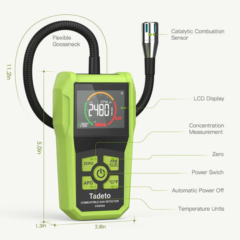 Pro Grade Natural Gas Detector With 2.6 Inch LCD Display And 12 Inch Gooseneck Probe, visible features labeled