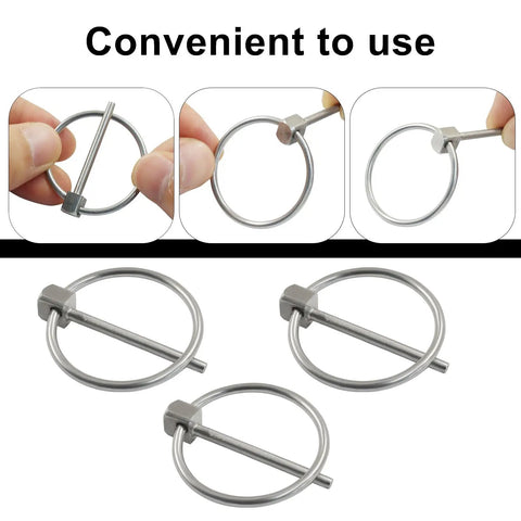 Four Pack 304 Stainless Steel Linch Pins With Ring One Eighth Inch By One And Three Eighths Inch, shown in hand and installed