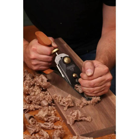 Using No. 4 Smoothing Hand Plane With Extra Thick 1/8 Inch A2 Steel Iron and cherry wood handle on wooden surface