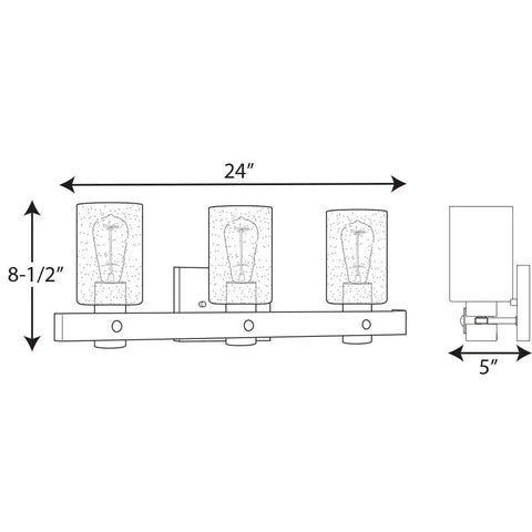 Diagram showing dimensions of Gulliver Collection Three Light Clear Seeded Glass Coastal Bath Vanity Light In Galvanized Finish, 24"x8.5"x5".