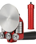 One-station sheet metal bender with red frame, black handle, three silver rollers and large circular metal disc.