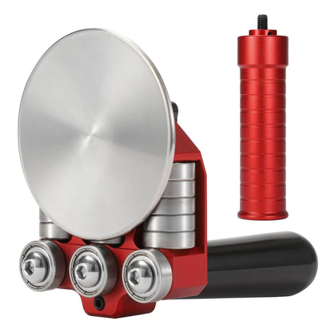 One-station sheet metal bender with red frame, black handle, three silver rollers and large circular metal disc.