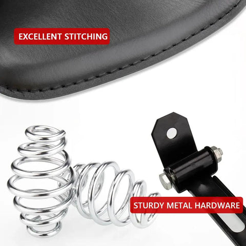 Close-up of Leather Motorcycle Solo Seat With 3 Inch Spring Bracket Kit, highlighting stitching and metal hardware in black finish.