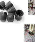 8 Pack Fifteen Millimeter Bike Hub Axle Dust Covers Replacement End Caps For Bicycle Wheel Nuts Inner Diameter 15 Mm Plastic Covers Fit Mountain Bike Shafts Scooter Motors showing multiple black plastic dust covers and installation on bike wheel.