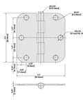 Technical drawing of Matte Black Art Deco Door Hinges 6 Pack 3.5x3.5 Inches Heavy Duty Iron And Steel Rust Resistant with measurements.