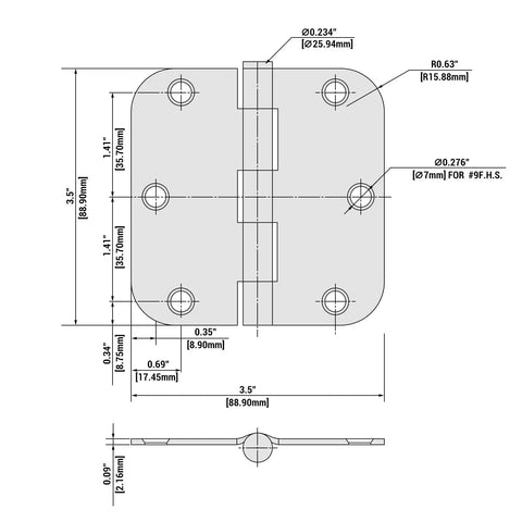 Premium No Nonsense Matte Black Door Hinges 3.5 Inch 48 Pack interior hardware technical drawing with dimensions.