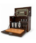 Sundowner Portable Travel Bar Kit With Handcrafted Wooden Case and Tools, showcasing open setup with tumblers and shaker, canvas interior.
