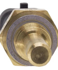 Engine coolant temperature sensor, brass body with threaded shaft and black connector, front view