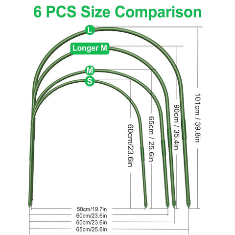Size comparison of Six Piece Garden Hoop Kit For Greenhouses Rust Free Grow Tunnel Stakes showing dimensions and variations.