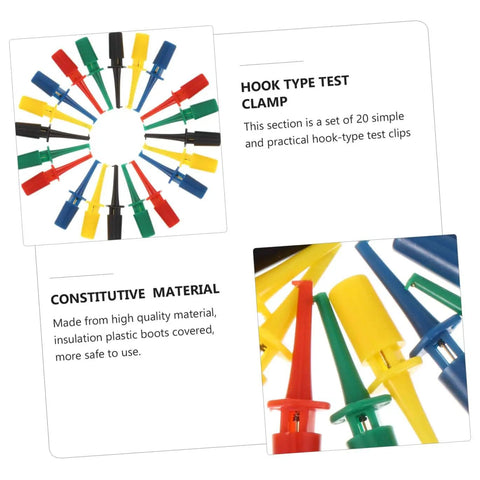 Colorful Multimeter Test Hook Clips 20 Pack Lightweight Grabber Probes for IC Testing close-up showing color diversity.