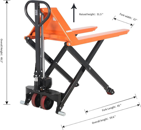 Side view of Heavy Duty Pallet Jack Open Bottom Lift Truck With 2200 Lb Capacity, 45 Inch By 21 Inch Forks, 31.5 Inch Lift Height