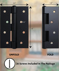 Three Pack 4x2.6 Inch Black Door Hinges With 26 Mounting Screws For Doors And Cabinets, Heavy Duty Iron Hardware For DIY Projects, Built Tough, No Brainer Install. Unfolded and folded hinge dimensions shown with 26 screws included