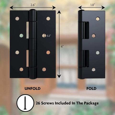Three Pack 4x2.6 Inch Black Door Hinges With 26 Mounting Screws For Doors And Cabinets, Heavy Duty Iron Hardware For DIY Projects, Built Tough, No Brainer Install. Unfolded and folded hinge dimensions shown with 26 screws included