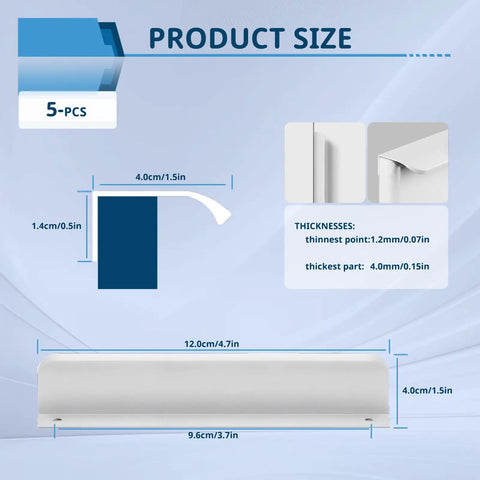 Product size diagram for Five Pack White Flat Edge Finger Pulls For Cabinets And Drawers, 4.7 Inch Length Aluminum Alloy Hidden Drawer Pulls