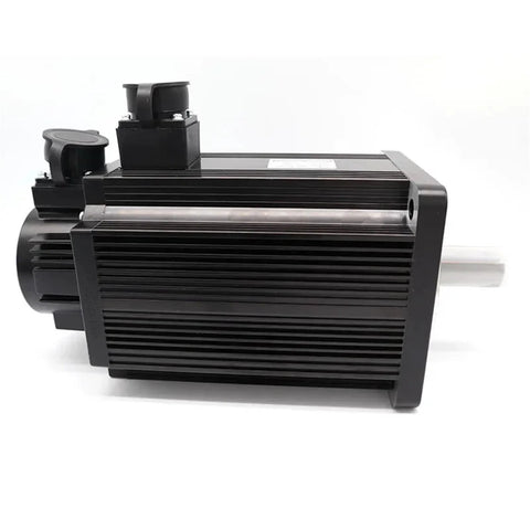 Side view of AC servo motor with ribbed black aluminum housing, right-side shaft and top-mounted drive block.