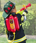 Child wearing a Firefighter Backpack Water Blaster For Kids, 1.3L Tank Hose Shooter, playing outdoors with water gun.