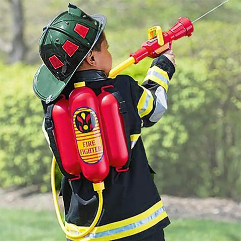 Child wearing a Firefighter Backpack Water Blaster For Kids, 1.3L Tank Hose Shooter, playing outdoors with water gun.