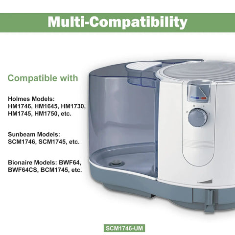 Image of a humidifier compatible with Sunbeam SCM1746, Holmes HM1746, and Bionaire models, showcasing multi-compatibility.