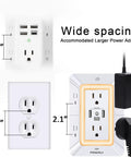 Six Outlet Wall Mount Extender With Three Sided Design And One USB C Fast Charger Paired With A Soft LED Night Light showing wide spacing for larger adapters.