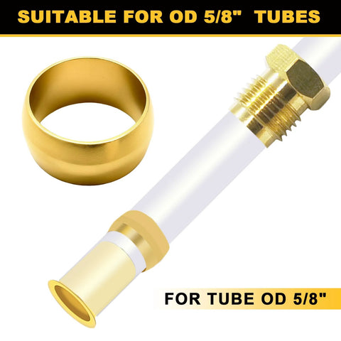 Brass compression sleeves ferrules for 5/8 in tubing; white tube with brass nut, 25-piece set