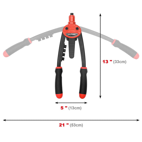 Heavy Duty Pop Rivet Gun 13 Inch Pro Hand Riveter With Automatic Rebound Spring For Easy Pulling And 5 Interchangeable Nosepieces visible from the front.