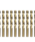Workhorse M35 Cobalt Coated Twist Drill Bit Set For Punching Crisp Holes In Hardwood And Steel, 10 twist bits, golden finish.