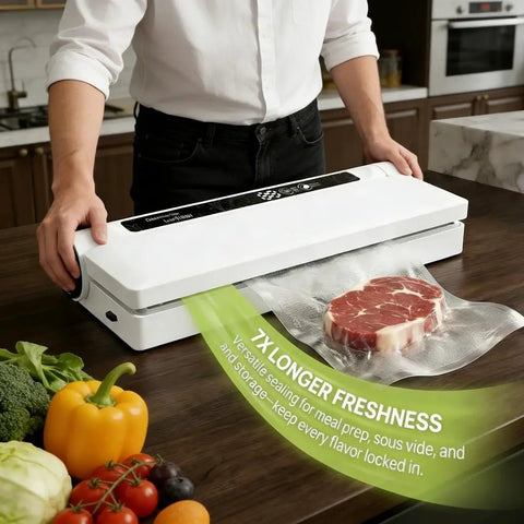 Person using Compact Food Vacuum Sealer With 75kPa Suction And Digital Countdown Timer in kitchen, sealing meat and vegetables.