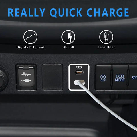 Heavy Duty Dual USB C Car Charger Built For Toyota Drivers To Keep Your Devices Juiced And Ready To Roll While Crushing Long Commutes With PD Super Fast Charging Power. Close-up of USB C port in Toyota dashboard.