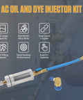 AC Dye And Oil Injector Kit For R134A Cars, 2oz Aluminum Body with Snap Quick Coupler, showing hose and connector details