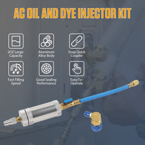 AC Dye And Oil Injector Kit For R134A Cars, 2oz Aluminum Body with Snap Quick Coupler, showing hose and connector details