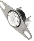 Angled view of a circular thermal fan switch for a fireplace blower with mounting bracket; 115 Degree ON, 90 Degree Off.