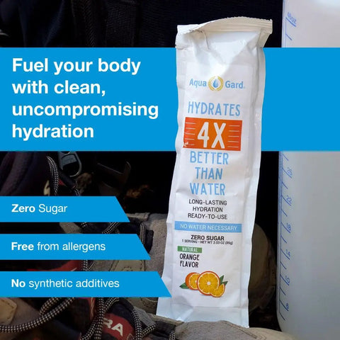 Zero Sugar Hydration Gel For Runners And Cyclists, Ready To Drink On The Go packet with hydration benefits and orange flavor.