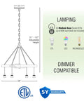 Diagram of Farmhouse Style 6 Light Rope Pendant Chandelier in Smoked Birch and Textured Black Finish with dimensions and bulb types.