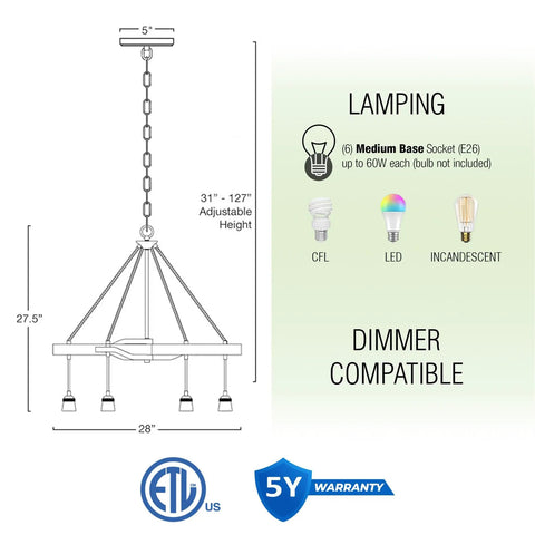 Diagram of Farmhouse Style 6 Light Rope Pendant Chandelier in Smoked Birch and Textured Black Finish with dimensions and bulb types.