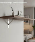 Heavy Duty Stainless Steel Triangular Shelf Bracket Wall Mount For Floating Shelves In Kitchen And Living Room, holding a wooden shelf