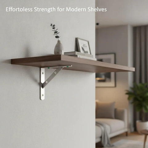 Heavy Duty Stainless Steel Triangular Shelf Bracket Wall Mount For Floating Shelves In Kitchen And Living Room, holding a wooden shelf