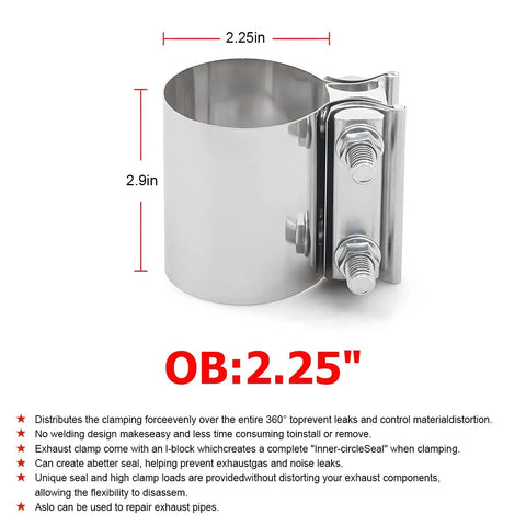 Beefy 2.25 Inch Exhaust Clamp Set For Cars Dual Butt Joint Band Sleeve Connector Stainless Steel Muffler Clamp side view