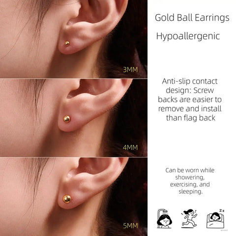 14K Gold Ball Stud Earrings For Women And Men Hypoallergenic 316L Surgical Steel Plated With 14K Gold Screw Back Flatback Cartilage Tragus Helix Earrings Nickel Free Long Lasting Bright Finish, 3mm gold ball stud on ear