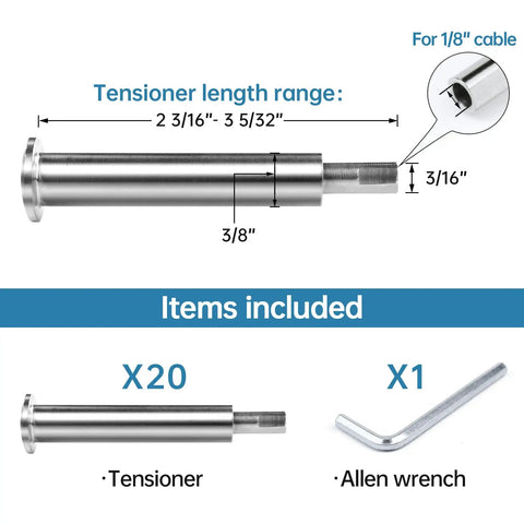 Image showing tensioner and Allen wrench included in Invisible Cable Railing Kit With Hidden Swage Tensioner, 316 Stainless Steel, One Eighth Inch.
