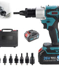 Heavy Duty Cordless Rivet Nut Gun With Lightning Fast Automatic Pulling Action And Slick Handheld Build For Solid Steel Iron Aluminum Using M3 Through M12 Thread Sizes Ready To Work Any Job Site With Twin 26V Packs, including extra battery and bits.