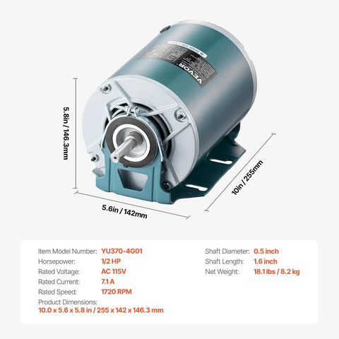 Half Horsepower Furnace Blower Motor With Belt Drive, 1720 RPM, 115 V, visible with dimensions and specifications