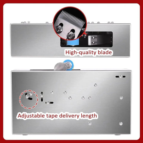 Close-up on Handy Manual Tape Dispenser Sealer For Cardboard Boxes showing adjustable tape delivery length and high-quality blade.
