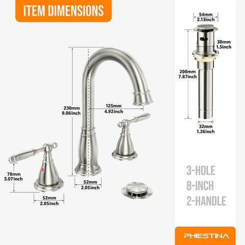 Sleek Chrome Widespread 8 Inch 3-Hole 2-Handle Bathroom Faucet With Valve And Metal Pop-Up Drain Assembly Lead-Free Easy Install For 6-12 Inch Counter Tops Max 1.38 Inch Thick WF017-4-C item dimensions diagram.