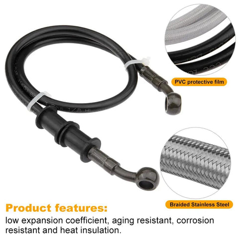 Braided Stainless Steel Motorcycle Brake Line 60cm 23.6in Hydraulic Clutch Oil Pipe Replacement For ATV Dirt Bike Pit Bike Motorbike Durable Rust-Resistant Banjo Ends shown in packaging with PVC film and braided steel details.