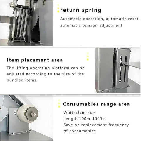 Semi Automatic Vegetable Strapping Machine For PE PVC Film Bundling Steel Build Adjustable Workbench Tightness Control with item placement and consumables range details.