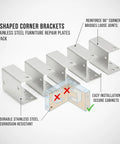 Stainless Steel Corner Brackets For Furniture Repair 4 Pack 90 Degree Joint Reinforcement plates displayed in a row