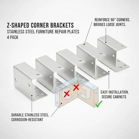 Stainless Steel Corner Brackets For Furniture Repair 4 Pack 90 Degree Joint Reinforcement plates displayed in a row