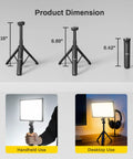 Product dimensions and usage of Soft 13 Inch LED Video Light Panel With 8000mAh Battery for handheld and desktop use.